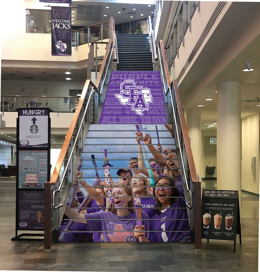 Point A Media designed inviting stairs inside the Baker Pattillo Student Center at SFA. 